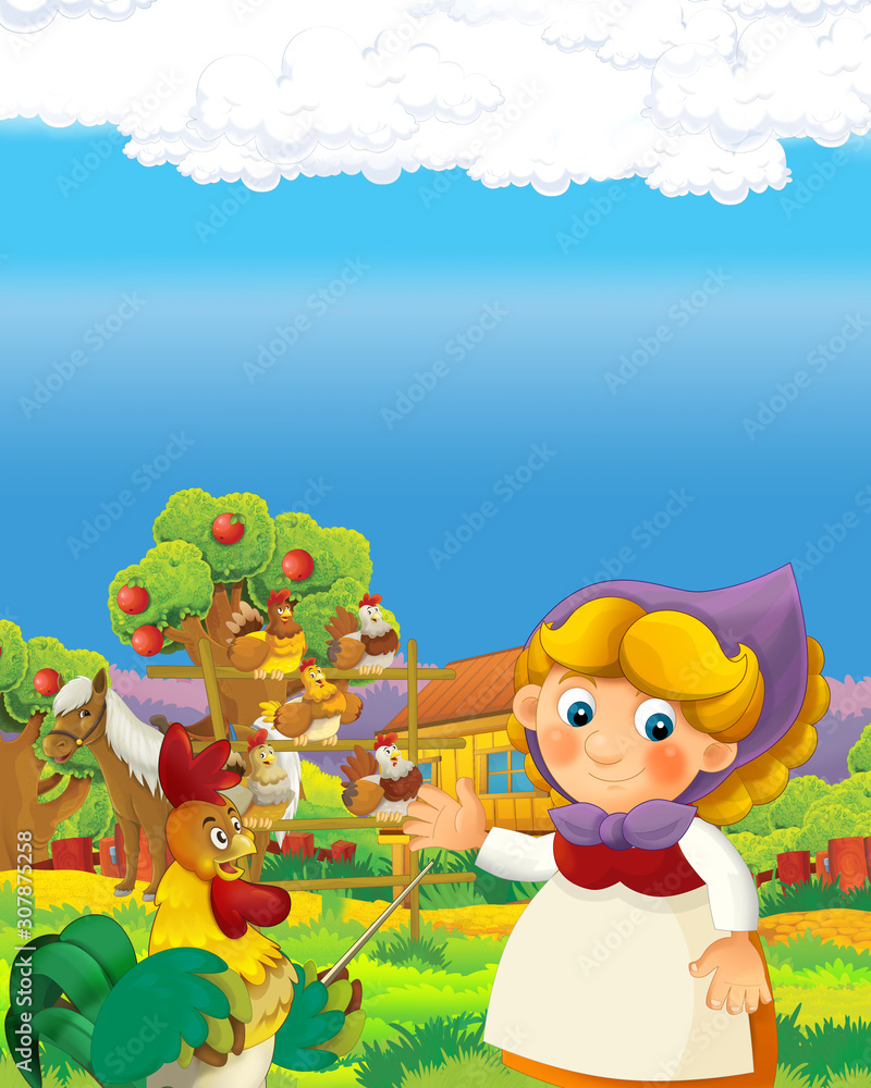 Fototapeta premium cartoon scene with happy farmer woman on the farm ranch illustration for the children