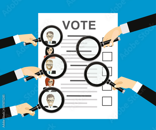 Hands holding a magnifying glass with Ballot paper with candidates. illustration in flat design on blue background