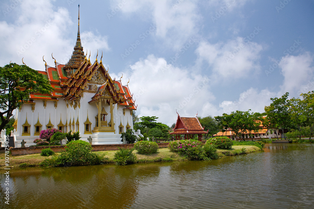 Fototapeta premium Beautiful building in the park near the pond. Bangkok. Ancient City - Muang Boran