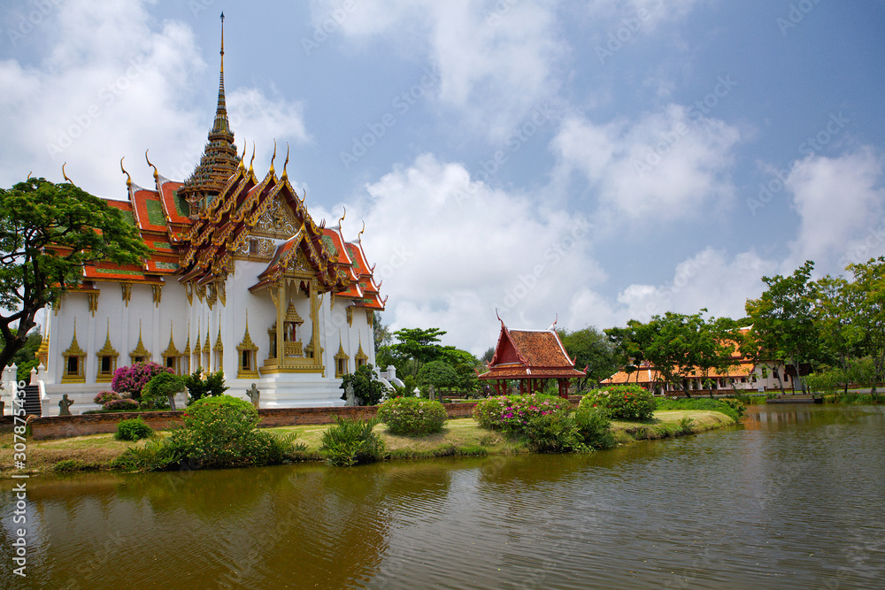 Beautiful building in the park near the pond. Bangkok. Ancient City - Muang Boran
