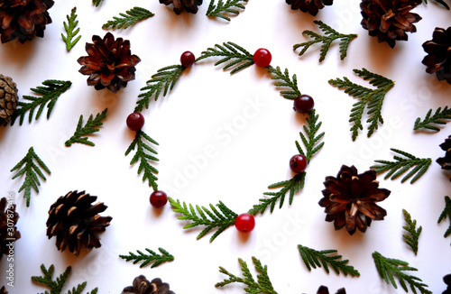 Christmas wreath (frame) of green thuja branches and red cranberries and cones on a white background. Beautiful natural winter pattern