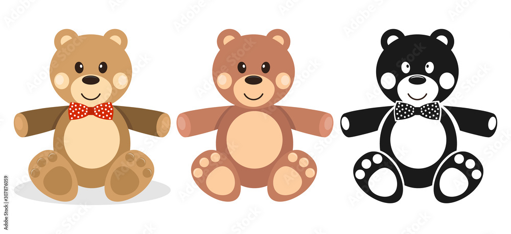 Teddy bear, set of teddy bears, silhouette of a teddy bear. Vector illustration of a soft children's toy. Teddy bear, set of teddy bears, silhouette of a teddy bear. Vector illustration of a soft children's toy.
