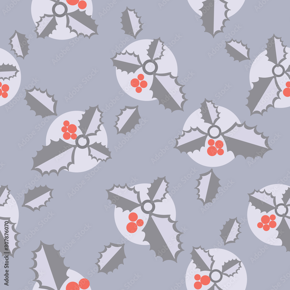 Obraz premium Flat colorful christmas seamless pattern. Simple repeated holly leaves.