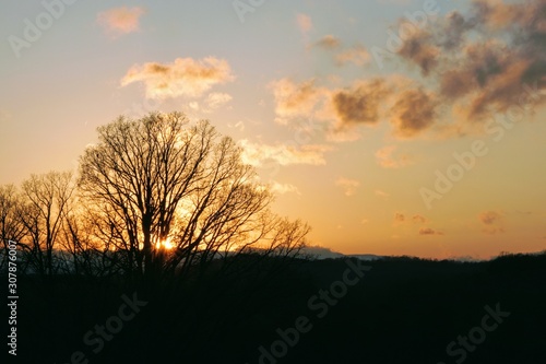 Sunset Over the Blue Ridge Mountain in Autumn with Leafless Trees