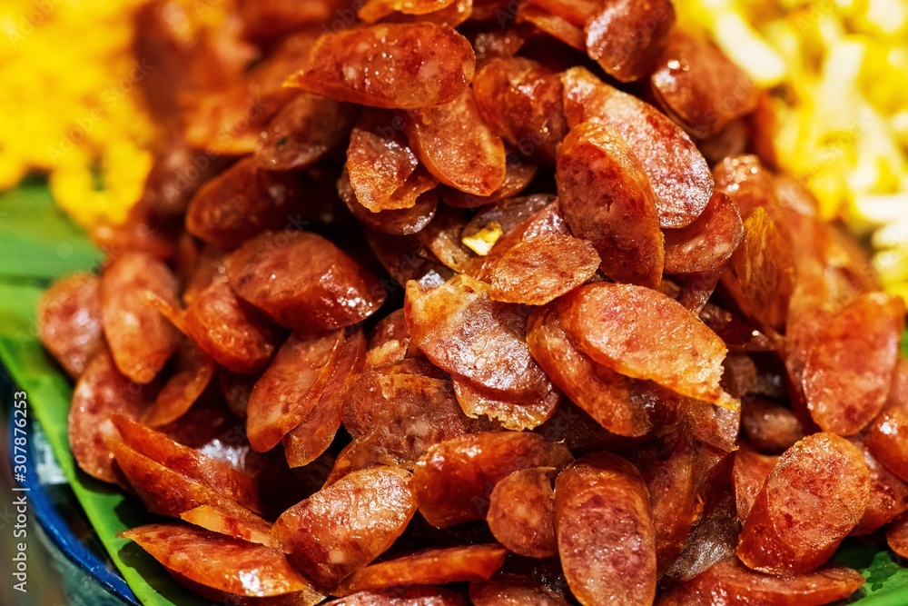 Close up of chinese sausage sliced for cook, thai street food market Close up of chinese sausage sliced for cook, thai street food market