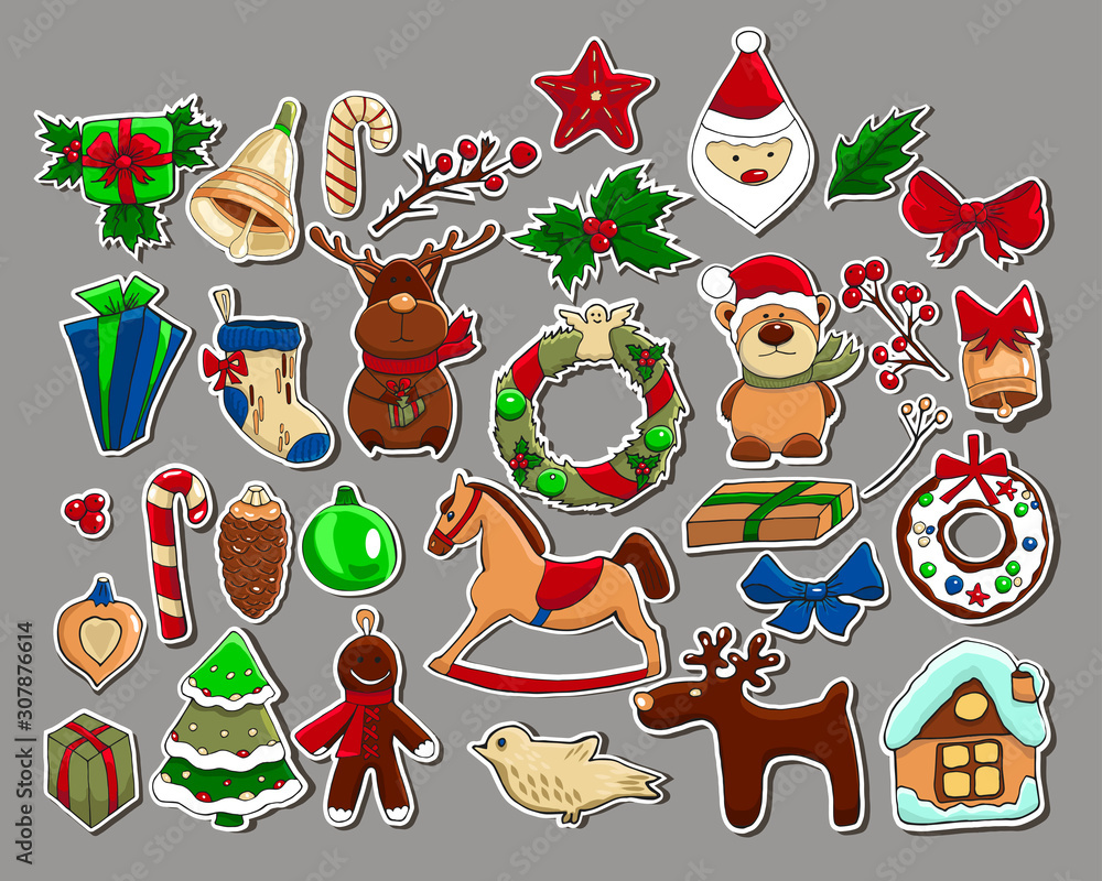 Cute patches and stickers new year and christmas collection. Hand drawn cartoon characters and christmas stuff. Reindeer, teddy bear, santa, snowman, wreath, gifts, gingerbread man, christmas balls. Stock Vector | Adobe Stock Cute patches and stickers new year and christmas collection. Hand drawn cartoon characters and christmas stuff. Reindeer, teddy bear, santa, snowman, wreath, gifts, gingerbread man, christmas balls. Stock Vector | Adobe Stock
