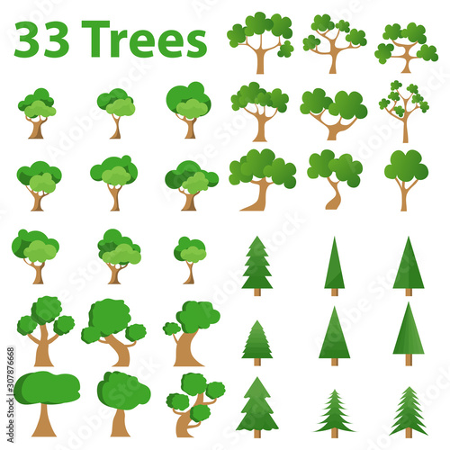 Trees, a set of green trees. Flat design, vector illustration of green trees isolated on white.