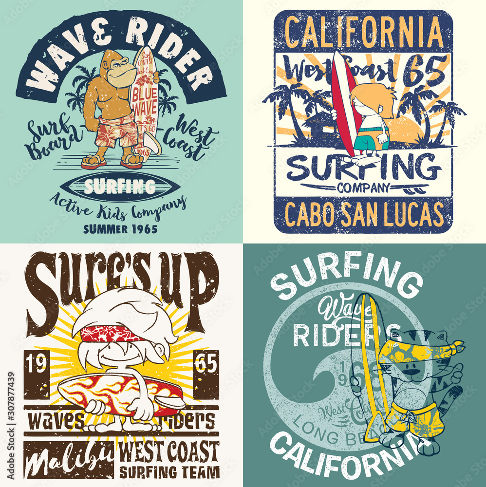 Fototapeta premium Cartoon kids California surfing team collection grunge vector print for children wear