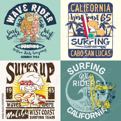 Cartoon kids California surfing team collection grunge vector print for children wear