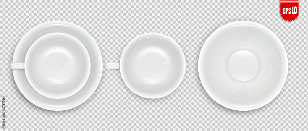White coffee cup and saucer. Together and separately. Top view. Mockup for advertising design. Isolated on a transparent background. Vector illustration. White coffee cup and saucer. Together and separately. Top view. Mockup for advertising design. Isolated on a transparent background. Vector illustration.