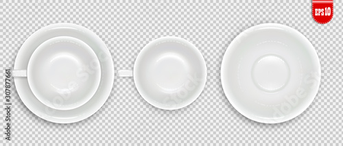 White coffee cup and saucer. Together and separately. Top view. Mockup for advertising design. Isolated on a transparent background. Vector illustration.