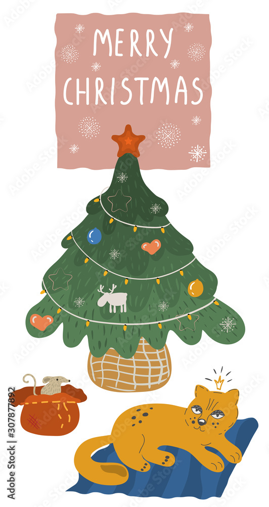 Christmas tree flat vector illustration isolated on white. A cat lies on a rug next to a green spruce decorated for the new year. Xmas celebration. With the inscription merry christmas. Christmas tree flat vector illustration isolated on white. A cat lies on a rug next to a green spruce decorated for the new year. Xmas celebration. With the inscription merry christmas.