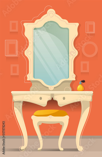 Interior of classical dressing room with mirror, chair and dressing table  with parfume bottles on it