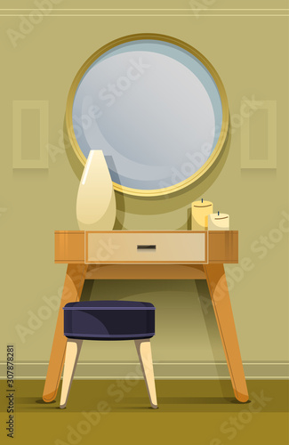 Stylish modern interior of dressing room with mirror, chair, dressing table with vase and candles on it 