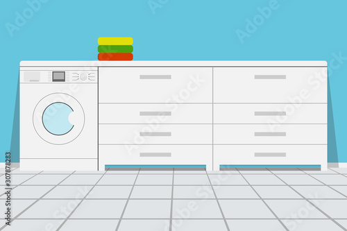 Modern bathroom with shiny white cabinets and washing machine. An empty laundry room with cabinet, sink, washer and drier.