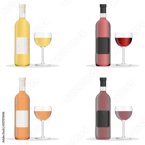 Wine bottles and glasses filled with different varieties of wine. Set of white, rose, and red wine bottles and glas. isolated on white background