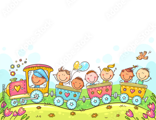 Happy Kids travelling by train, colorful vector illustration
