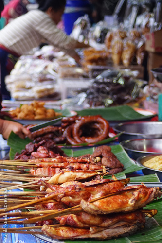 Grilled meat and sausages at Luang Prabang, Laos.