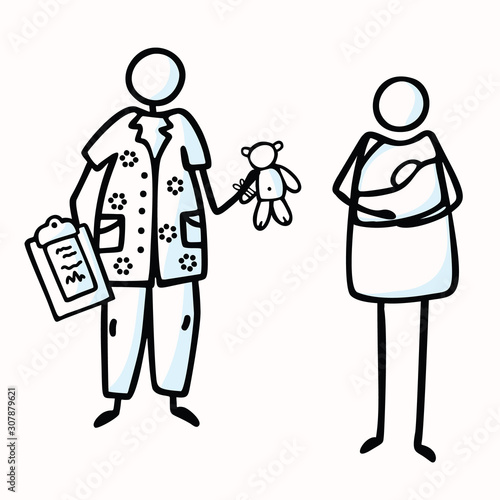 New Mother Stick Figure with Baby Sling. Nurse with Chart, Teddy Toy. Vector Illustration. Hand Drawn Isolated Parenting Medical Icon Motif Element in Flat Color. Healthcare Concept. Pictogram EPS10.