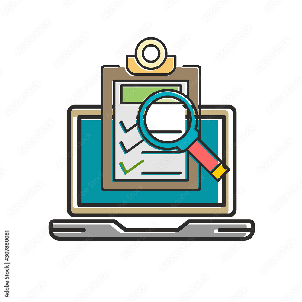 Laptop and checkboxes with check mark. Checklist, white tick on laptop screen. Laptop and checkboxes with check mark. Checklist, white tick on laptop screen.