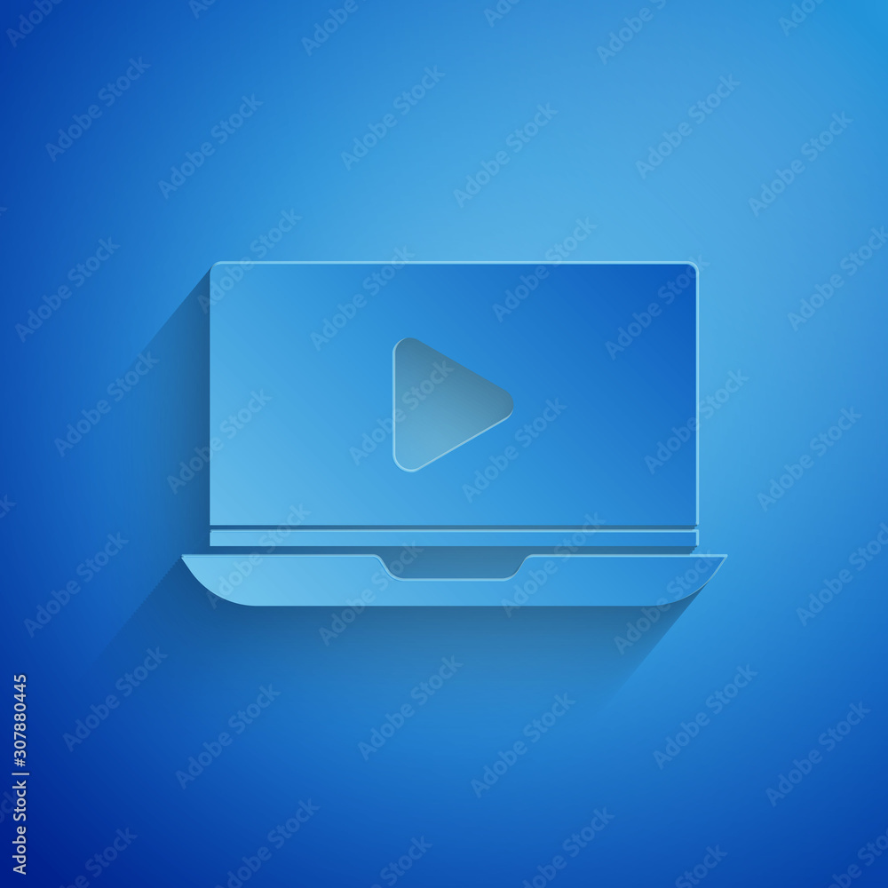 Paper cut Online play video icon isolated on blue background. Laptop and  film strip with play sign. Paper art style. Vector Illustration Stock  Vector | Adobe Stock