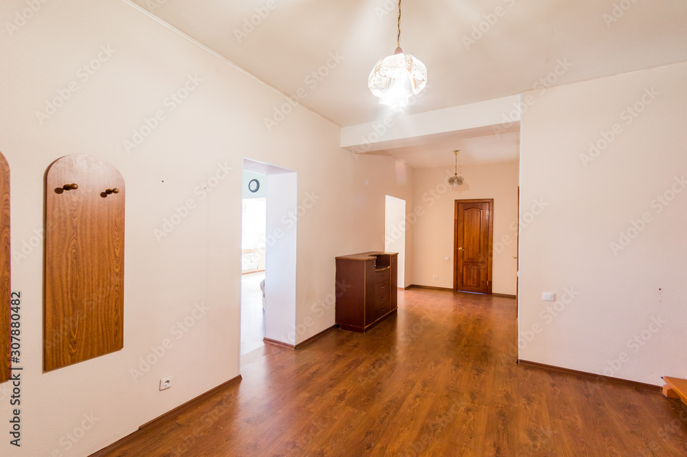 Russia, Omsk- August 02, 2019: interior room apartment. standard repair beautiful designer country house with wooden elements