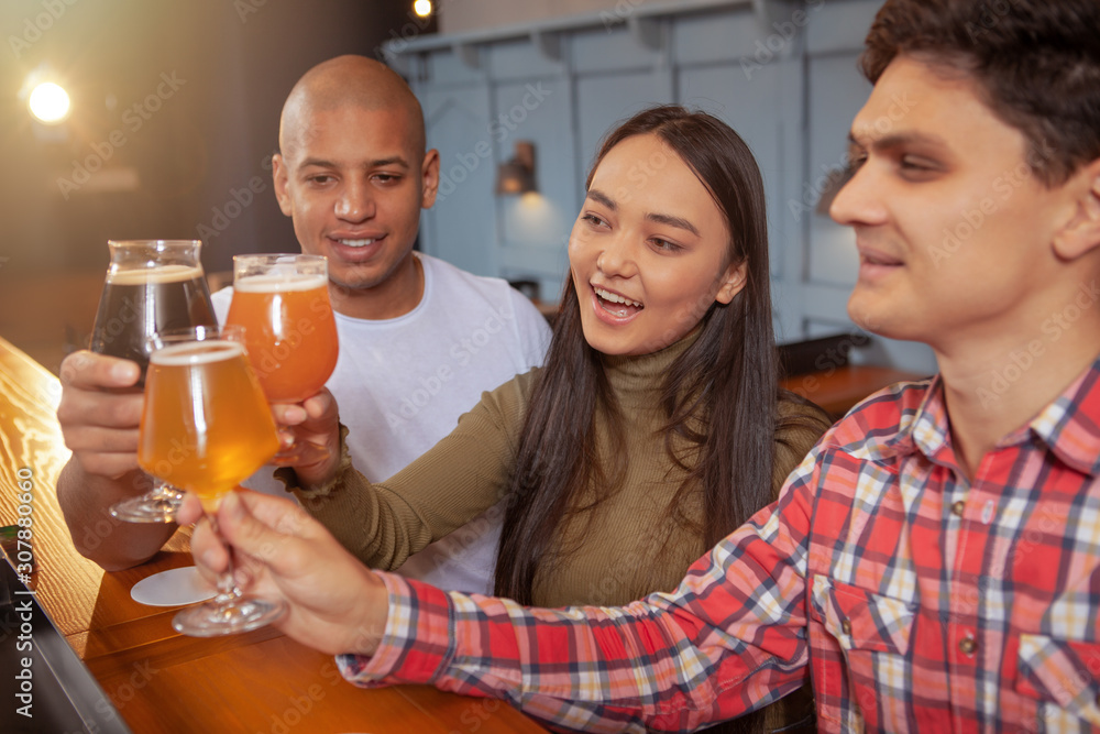 Diverse group of friends celebrating together at the pub, clinking beer glasses Diverse group of friends celebrating together at the pub, clinking beer glasses