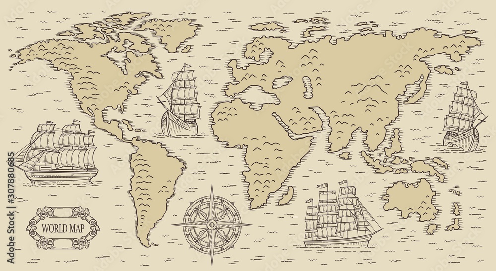 Ancient rusic world map with engraved nautical elements vector illustration.