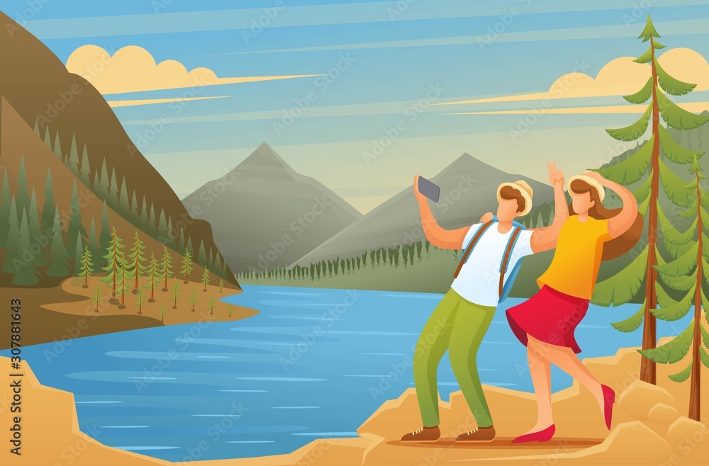 Tourists explore the beauty of nature, vacationers are photographed in the woods. Flat 2D character. Illustration concept for animation and web design