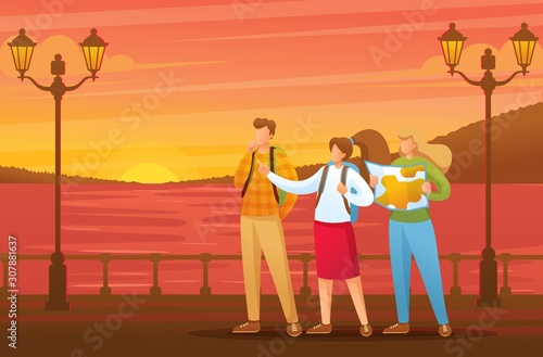 Evening walk of tourists along the beautiful promenade during sunset. Flat 2D character. Illustration concept for animation and web design