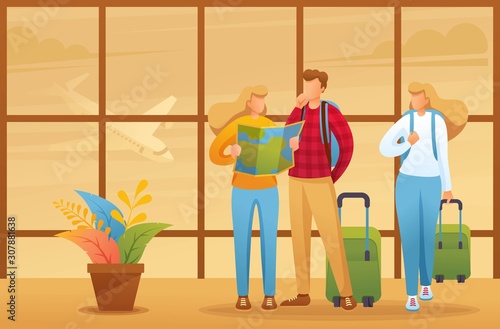 Explore the city map of your holiday, tourists explore the map at the airport. Flat 2D character. Illustration concept for animation and web design