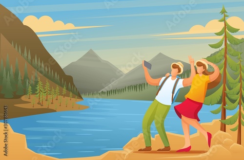 Tourists explore the beauty of nature, vacationers are photographed in the woods. Flat 2D character. Illustration concept for animation and web design
