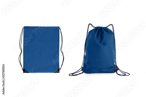 Set of classic blue drawstring packs template, bag for sport shoes isolated on white.