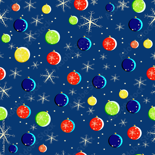 Pattern of Christmas balls and snowflakes on a blue background