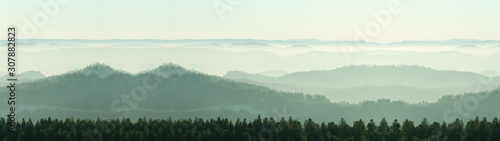 Amazing fog landscape in black forest panorama banner long