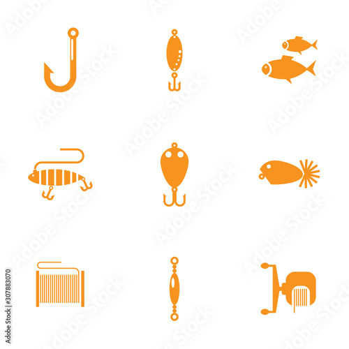 Fishing accessory solid icon set