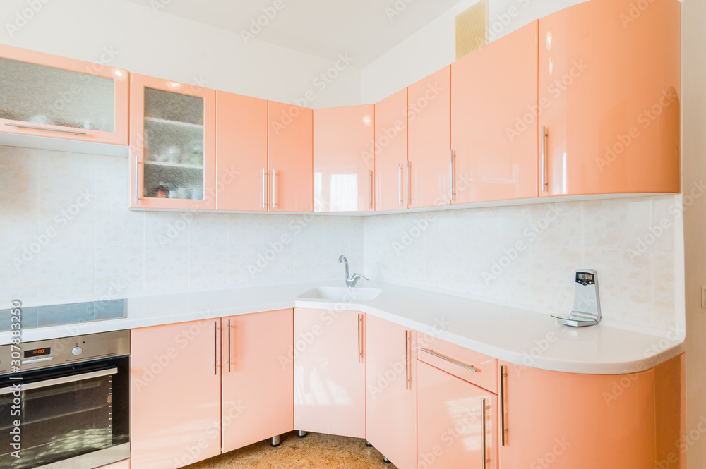 Russia, Omsk- August 02, 2019: interior room apartment. standard repair decoration in hostel. kitchen, dining area