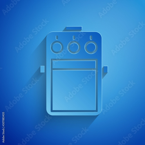 Paper cut Guitar pedal icon isolated on blue background. Musical equipment. Paper art style. Vector Illustration