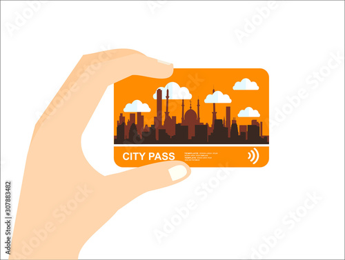 Hand with city pass. Bus, train, subway travel ticket with cashless payment system. Card with map of city with roards and houses. Vector illustration in flat style