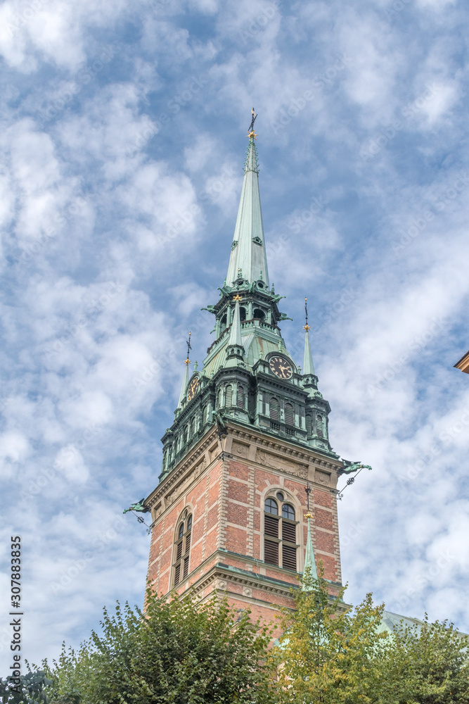 Tower of German Church sometimes called St. Gertrude's Church in Stockholm, Sweden.