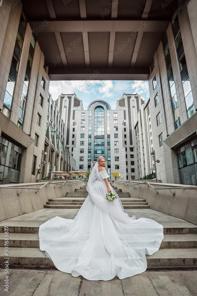 Fototapeta premium portrait of a beautiful bride in long dress and viel on the background of a business center