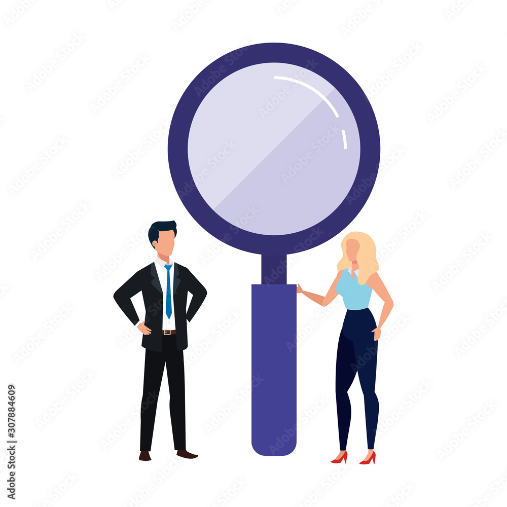 Lupe woman and man design, Tool search magnifying glass zoom lens and exploration theme Vector illustration Lupe woman and man design, Tool search magnifying glass zoom lens and exploration theme Vector illustration