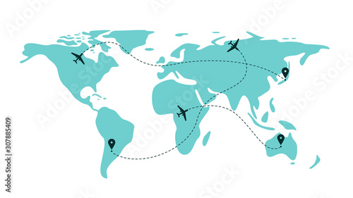 Airplane flight line paths going across blue world map - plane travel scheme