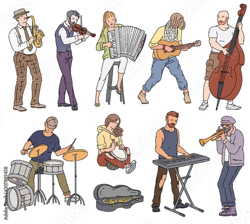 Street musician playing music vector cartoon sketch illustrations isolated set.