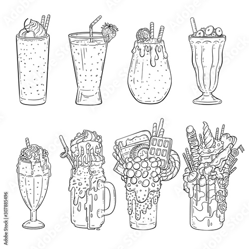 Milkshakes and cocktails set of sketch outline vector illustrations isolated.