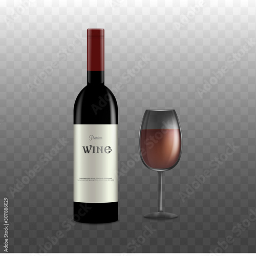 Realistic red wine bottle and glass of wine isolated on transparent background