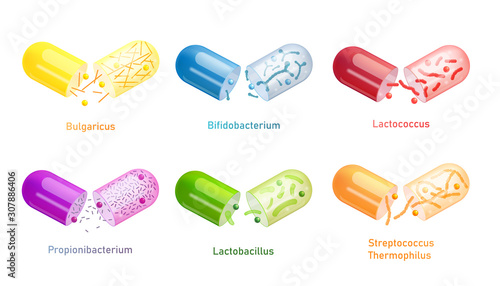 Colorful probiotic bacteria capsule set isolated on white background