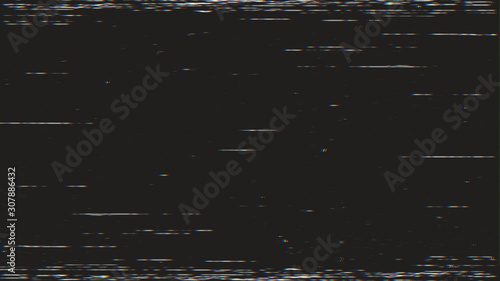 Horizontal distortion of broken video image on black background, VHS effect, glitch digital color pixel noise. Stock abstract pixel background glitch texture. Color digital noise, VHS corrupted signal photo