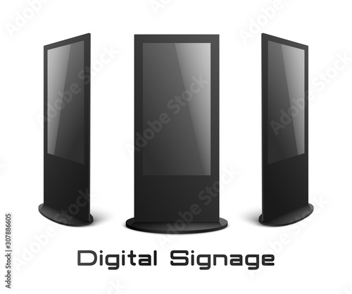 Digital signage - black interactive kiosk mockup set with blank screens isolated on white background