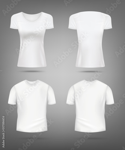 Women's and men's white T-shirt mockup set - realistic clothing mock ups
